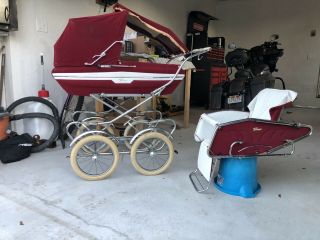 Vintage Italian Perego Stroller Carriage Maroon Bassinet W/ Toddler Attachment