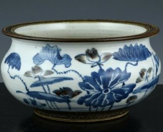 Fine 19thc Chinese Blue White & Copper Red Lotus Landscape Censer Bowl