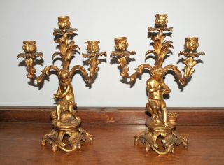 Pair Quality Antique French? Gilt Bronze Figural Putti Candelabra - Marked Db