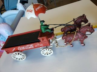 Vintage Cast Iron Coca Cola Horse Drawn Delivery Wagon Excelent