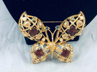 Vtg.  Avon Topaz & Blue Rhinestone Gold Tone Large Butterfly Brooch