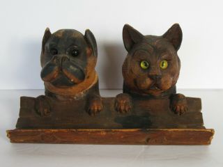 Antique Black Forest Carved Wood Dog & Cat Inkwell & Pen & Stamp Holder