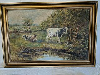 Vtg Antique Sigrid Beck Knudsen Oil Painting On Canvas Of Cows Calves Landscape