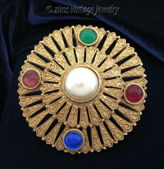 Vintage 80’s Baroque Style Faux Gold Filigree Gemstone Cabochon Pearl Pin Brooch