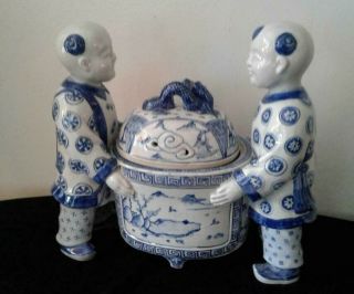 Incense Burner Chinese Extra Large Incense Blue & White Porcelain 2 Males