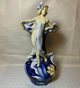 Antique Early Royal Dux Bohemia Art Nouveau Porcelain Woman Figural Vase 18 "