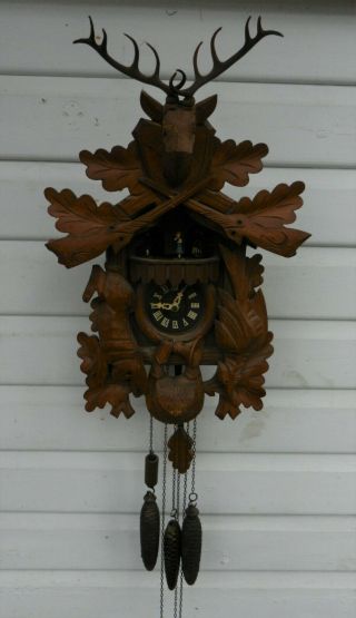 Vintage Swiss Black Forest Carved Musical Cuckoo Clock - Good