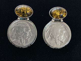 Vintage Signed Navajo Sterling Silver Amber Buffalo Nickel Earrings