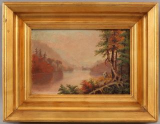 Small Antique Signed 19thc Hudson River Landscape Oil Painting W/ Gilt Frame Nr