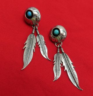 Vintage Sterling Silver Pierced Earrings Turquoise Feather Southwest 433r