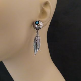 Vintage Sterling Silver Pierced Earrings Turquoise Feather Southwest 433r 2