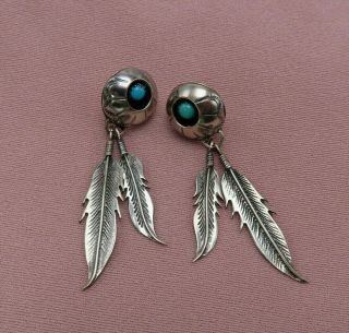 Vintage Sterling Silver Pierced Earrings Turquoise Feather Southwest 433r 3