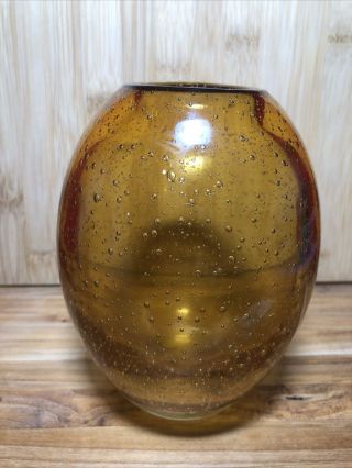 Vintage Hand Blown Amber Art Glass Vase With Bubbles 5 3/4