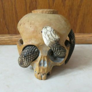 Antique Japanese Meiji Wood Carved Skull & Carve Snake Inkwell Tobacco Snuff Box