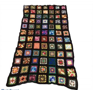 Vtg Black Granny Square Handmade Crochet Throw Quilt Patch Block Multicolor 75 "