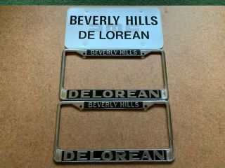 Vintage Beverly Hills Dealership Delorean Metal License Plate Frame Set Nos