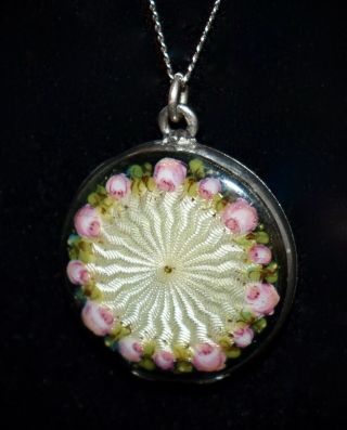 Gorgeous Antique Sterling Double Sided Enamel Guilloche Locket Necklace