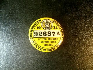 Vtg 1934 York State Citizen Special Deer Hunting License Pinback.  Minty