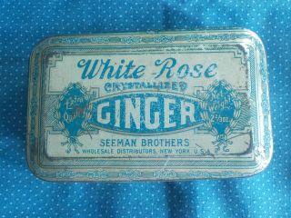 Vintage White Rose Ginger Tin Seeman Brothers York 4 "