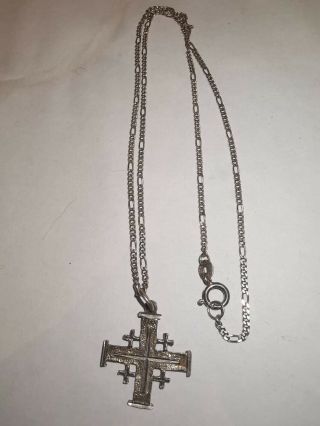 Vintage Sterling Silver Jerusalem Cross Pendant & 16 " Long Figaro Chain 3.  6g
