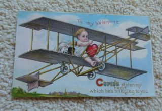 Vintage Valentine Post Card Of Cupid Riding On A Bi - Plane - " Stolen My Heart "