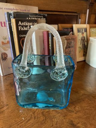 Vintage Blue Murano Style Glass Handbag /vase