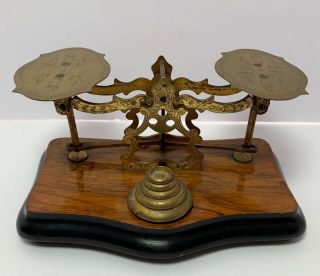 Antique Postal Scale Engraved Brass & Wood English 19th Century