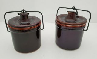 Set Of 2 Vintage Stoneware Brown Cheese Crock Jars With Lid And Wire Bale