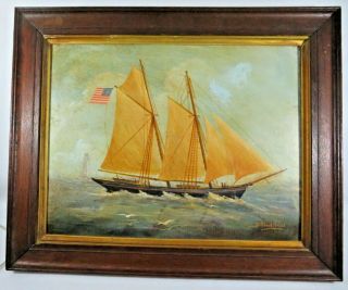 Antique Oil On Canvas Of A Wo Masted Schooner By F.  Bradshaw Circa 1960