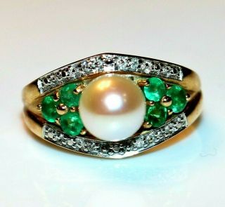 Vintage 10k Yellow Gold Cultured Pearl,  Emerald & Diamond Ring,  Size 7