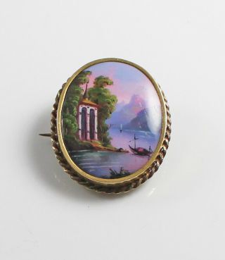 Antique Victorian 9ct Gold Hand Painted Classical Italian Romantemple Brooch