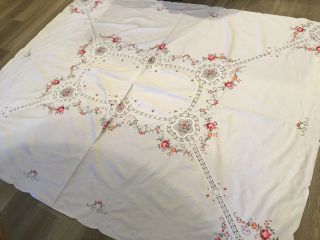 Vintage Rectangle Tablecloth,  Cotton,  White,  Cut Work Flower Design,  Embroidery