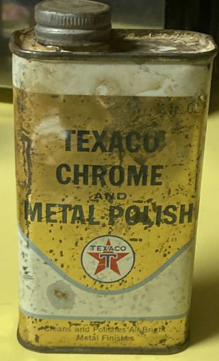 Vintage 8oz Gold Texaco Chrome & Metal Polish Tin Can Motor Oil Gas Station Sign