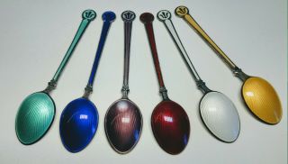 Set Of 6 David Andersen Norway Sterling Silver And Enamel Demitasse Spoons