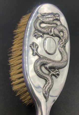 Chinese Export Silver Dragon Decorated Grooming Brush Kwan Wo