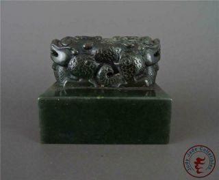 Large Antique Old Chinese Nephrite Spinach Jade Carved Chop Seal Statue Dragons