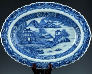Fine Quality 18thc Chinese Qianlong Blue & White Landscape Serving Tray Platter
