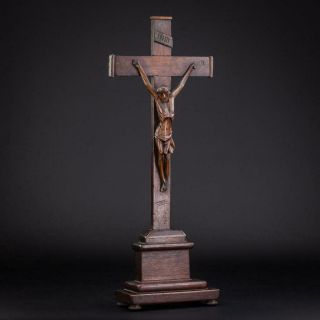 Altar Crucifix | Standing Cross Wood Carving | Antique Jesus Christ | 17.  3 "