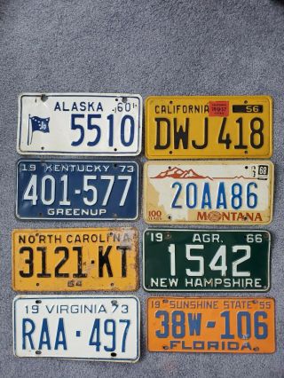 Vintage License Plates.  Mixed Set Of 8 States.  1955 - 1987.