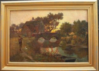 Fine 19thc Returning Home After The Harvest At Sunset Antique Oil Painting