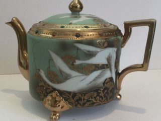 Antique Nippon (japan) Moriage Celadon Porcelain Tea Pot W/ Flying Geese,  Marked