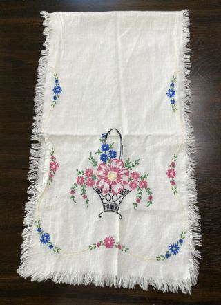 Vintage Hand Embroidered Dresser Scarf Linens Table Runner 41”