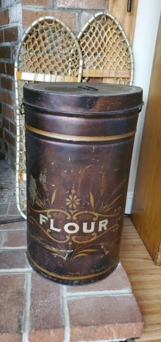 Large Antique Flour Bin General Store Tin Canister 21”x12 " Vintage Metal Can