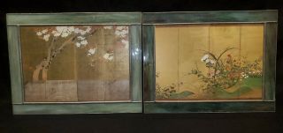 Vintage Japanese Art Prints Set In Stained Glass Frames Pair (2)