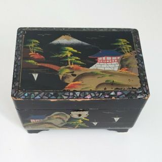 Vintage Antique Japanese Jewelry Music Box Black Lacquer And Gorgeous Artwork
