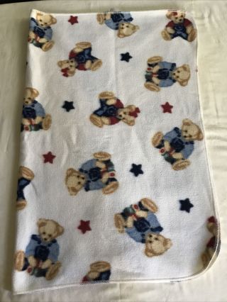 Vtg Springmaid Blue Jean Overalls Teddy Bear Baby Blanket Stars Polyester 15582