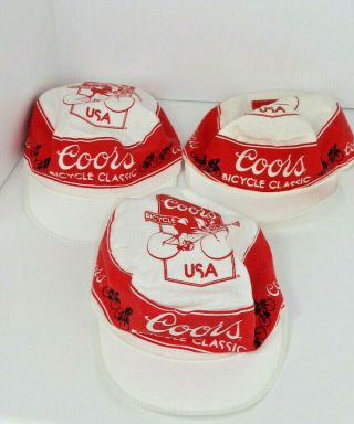 Three Vintage Coors Bicycle Classic Hats - Caps Red And White Cycling Beer