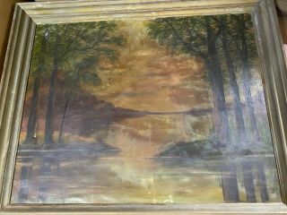 Large Antique " River And Landscape Scene " Oil Painting - Framed