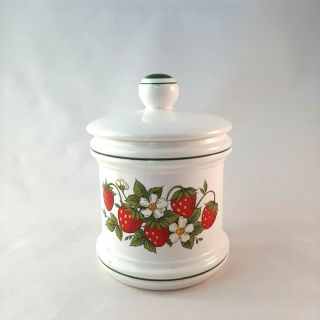 Vintage Strawberry Fields Ceramic Canister Jar With Lid 4 " White Green Accents