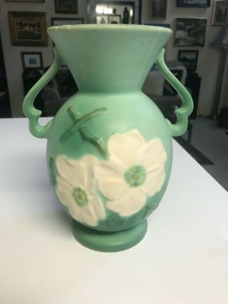 Vintage Large 10 " Weller Pottery Green Vase White Flowers Wild Rose Exlnt